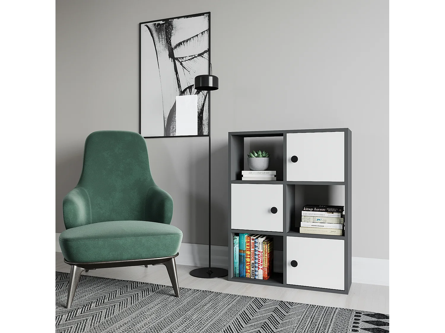 Bibliothèque Tilton 94 cm Armoires et Etagères ouvertes (Anthracite et Blanc)