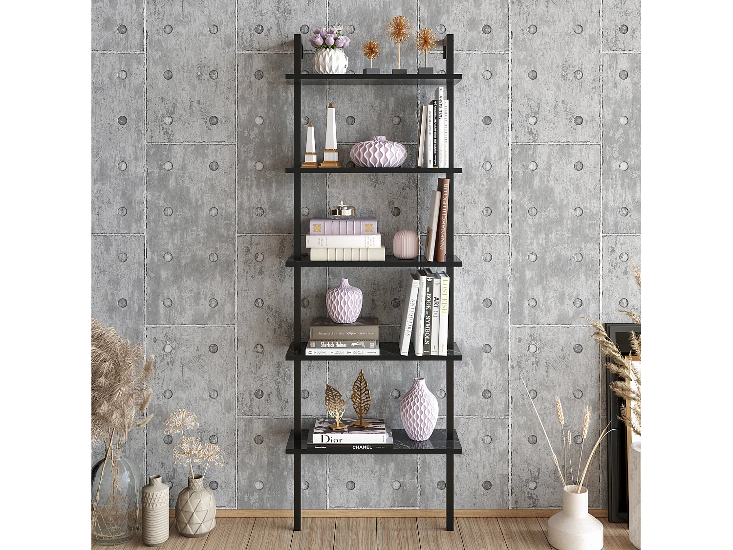 Bibliothèque fixé contre le mur, 5 étagères, solide et modern (Effet marbre noir & Noir)