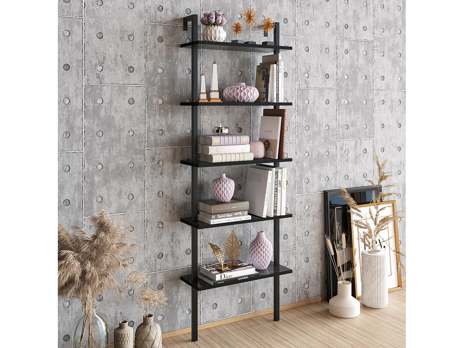 Bibliothèque fixé contre le mur, 5 étagères, solide et modern (Effet marbre noir & Noir)