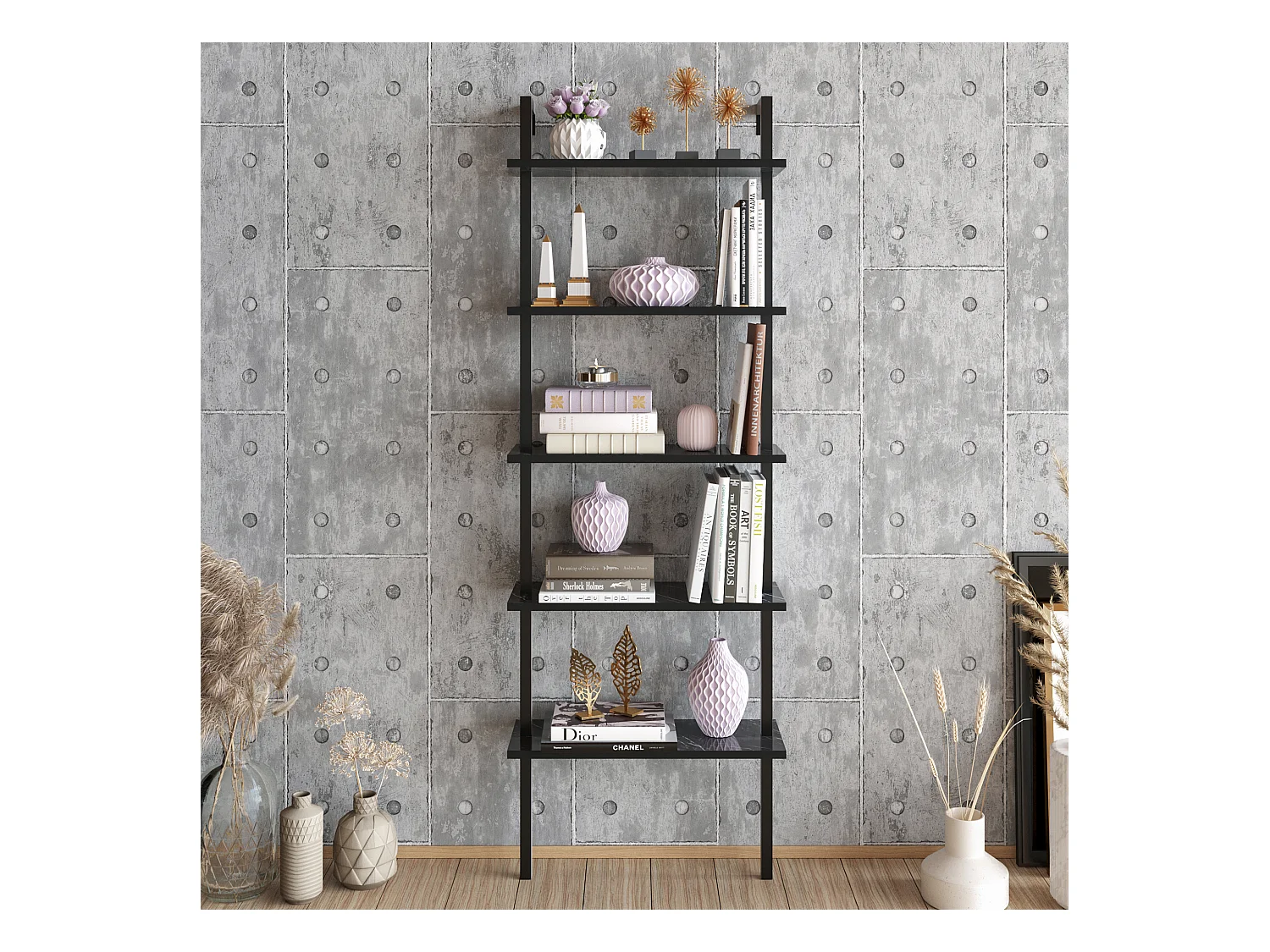Bibliothèque fixé contre le mur, 5 étagères, solide et modern (Effet marbre noir & Noir)