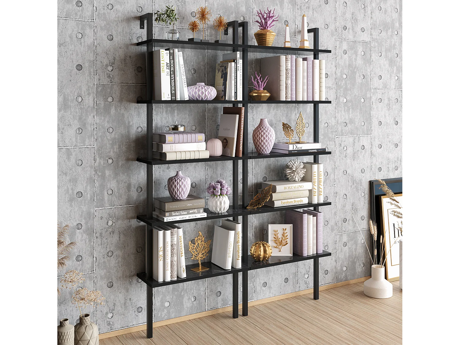 Bibliothèque fixé contre le mur, 5 étagères, solide et modern (Effet marbre noir & Noir)