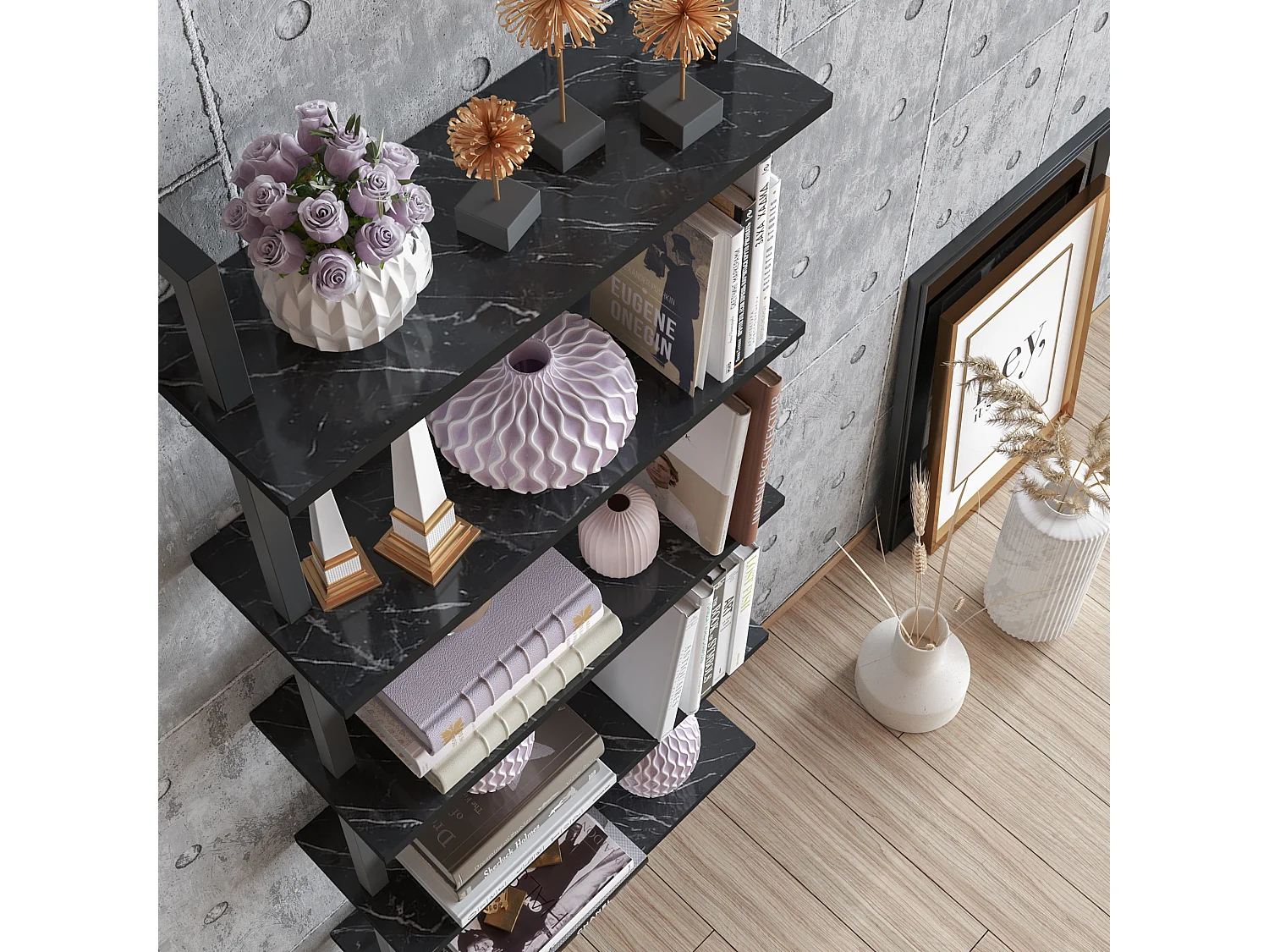 Bibliothèque fixé contre le mur, 5 étagères, solide et modern (Effet marbre noir & Noir)