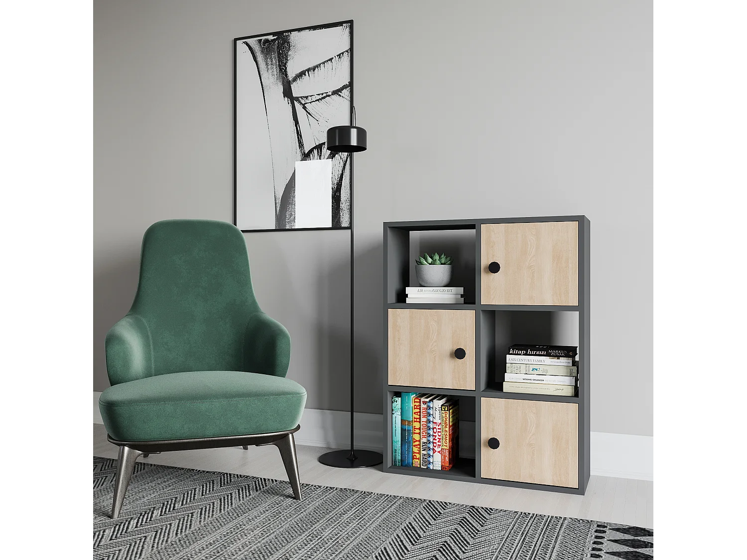 Bibliothèque Tilton 94 cm Armoires et Etagères ouvertes (Anthracite et Chêne)