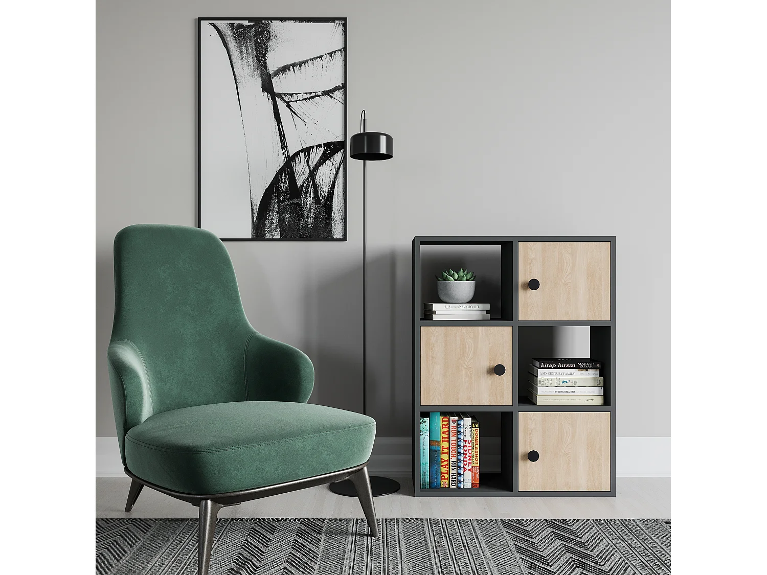 Bibliothèque Tilton 94 cm Armoires et Etagères ouvertes (Anthracite et Chêne)