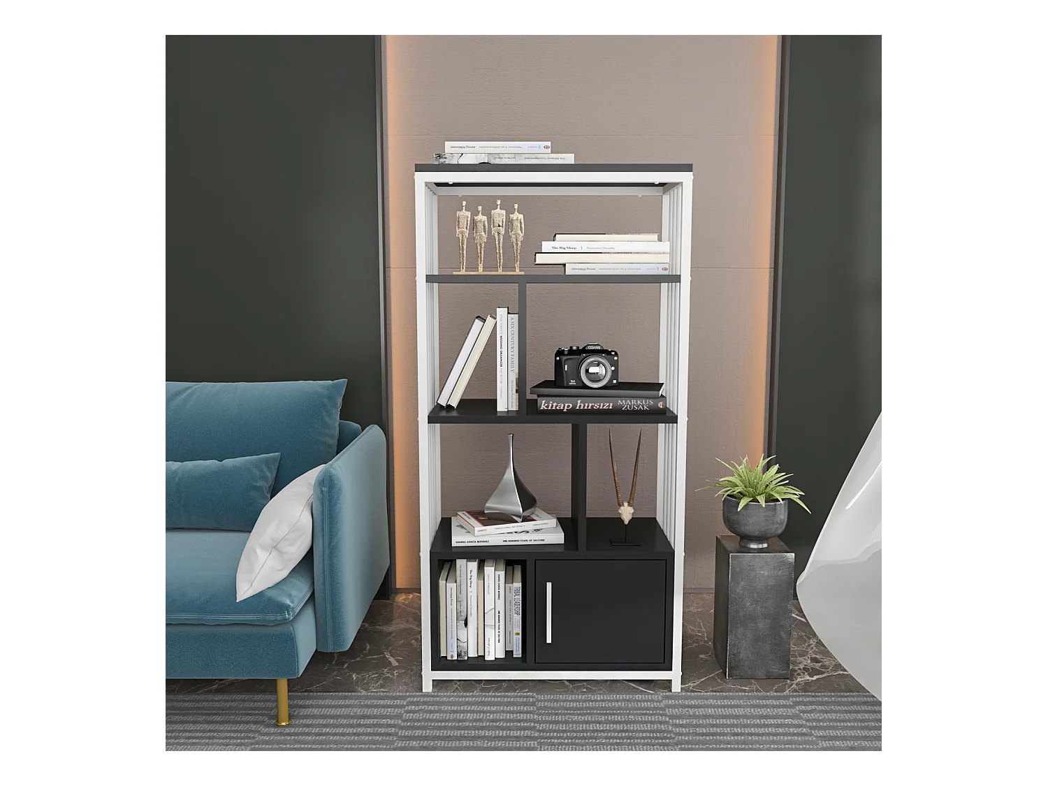 Bibliothèque en métal Valero avec placard (Blanc et Noir)