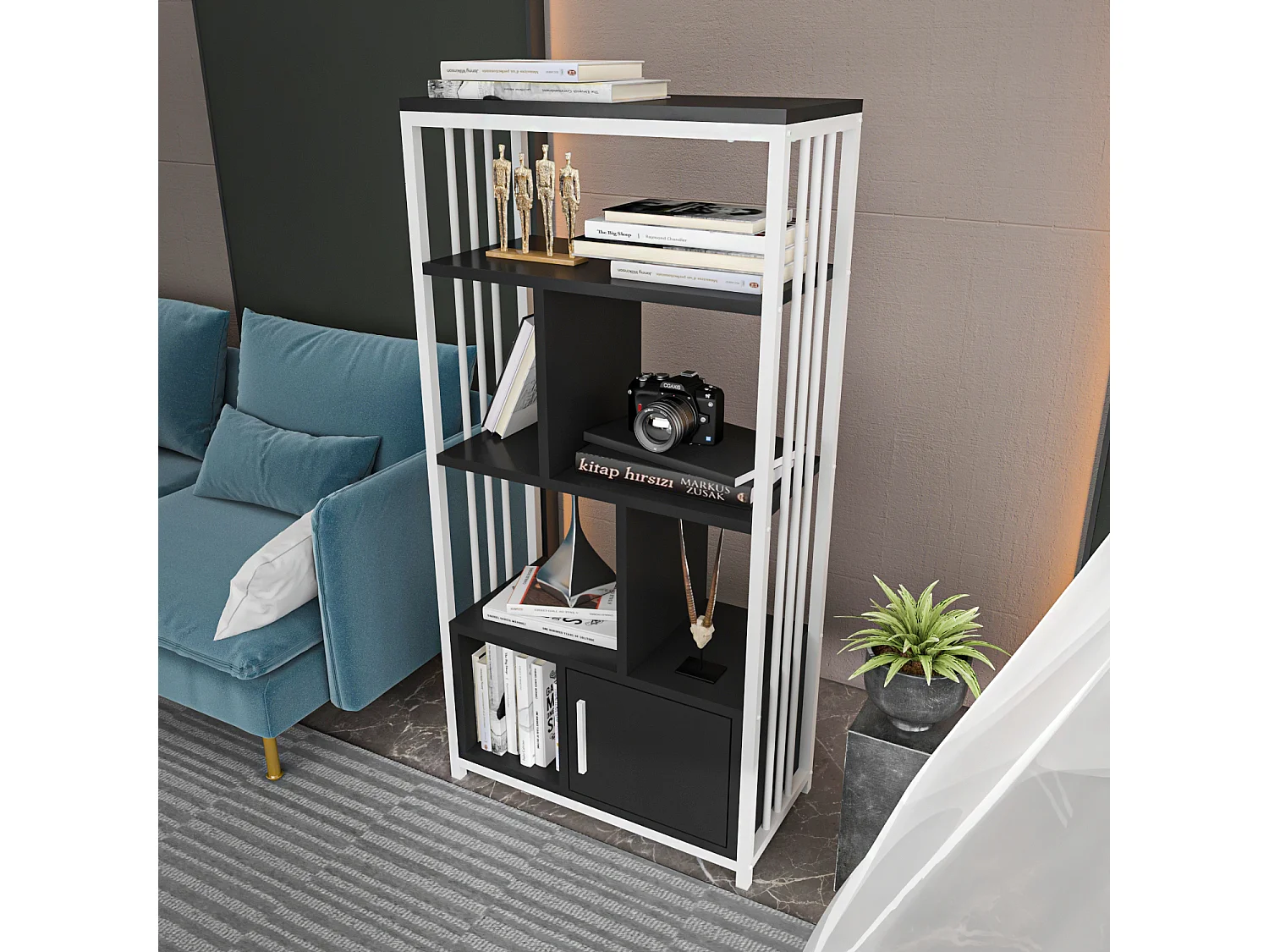 Decorotika Valero 3-tier Bookcase with Metal Frame and Cabinet - W 60 cm x H 120 cm x D 29.6 cm