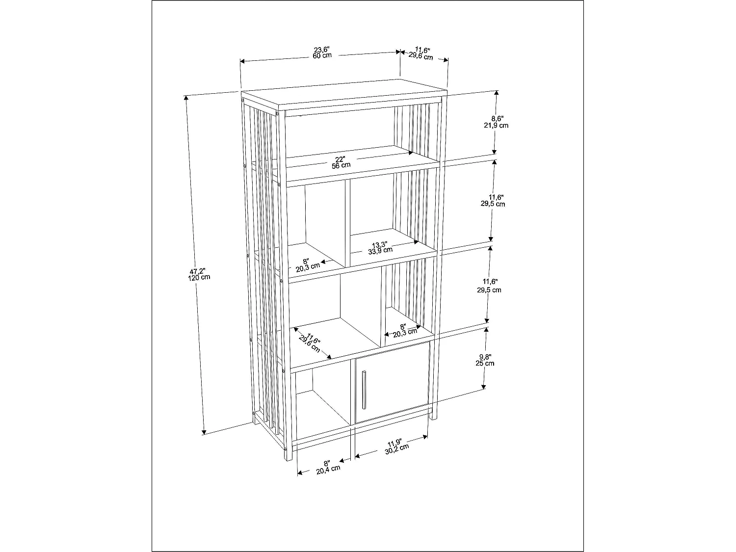 Decorotika Valero 3-tier Bookcase with Metal Frame and Cabinet - W 60 cm x H 120 cm x D 29.6 cm