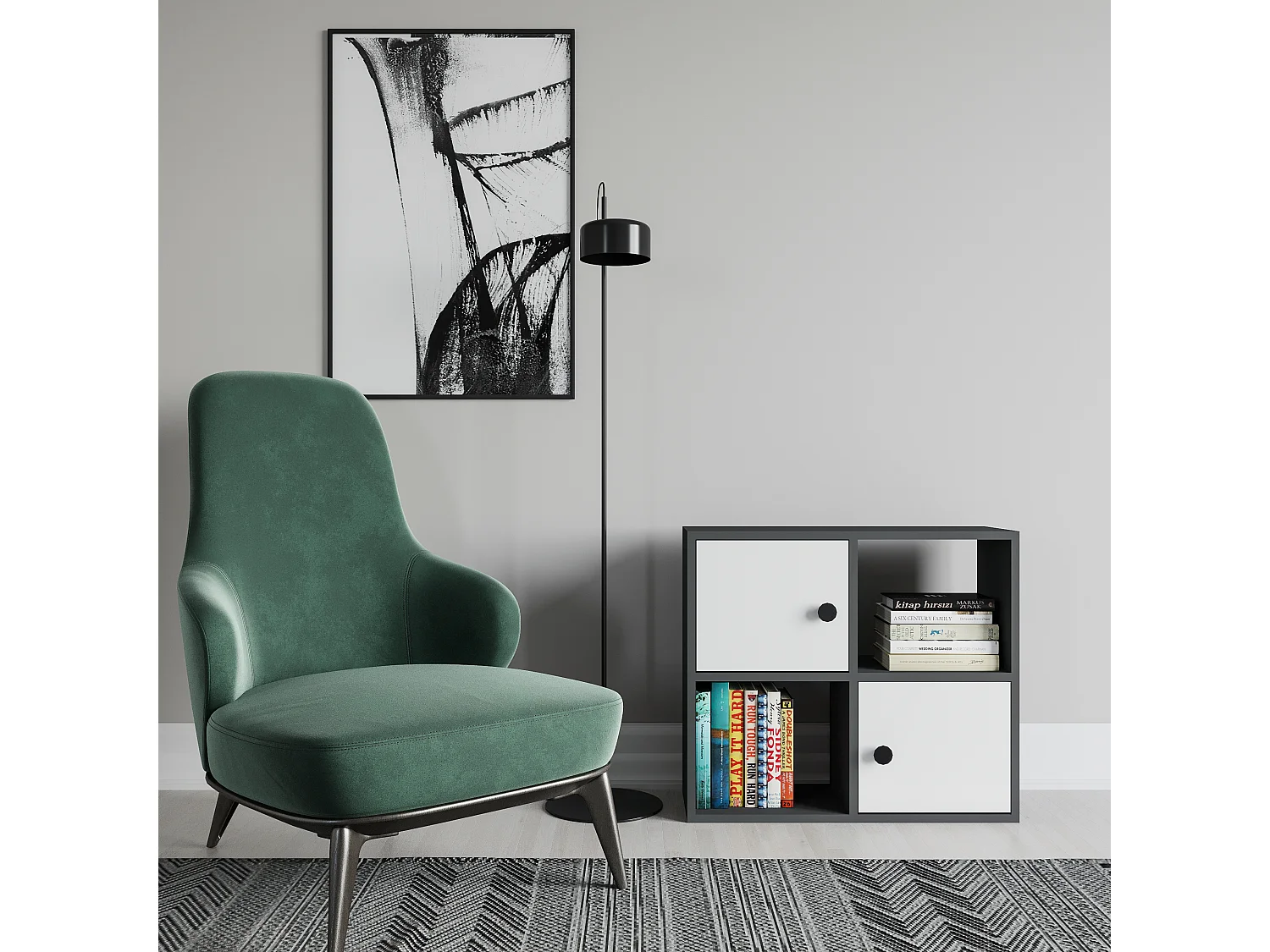 Bibliothèque Tuttle minimaliste avec deux étageres et deux armoires 63 cm H  (Anthracite et blanc)