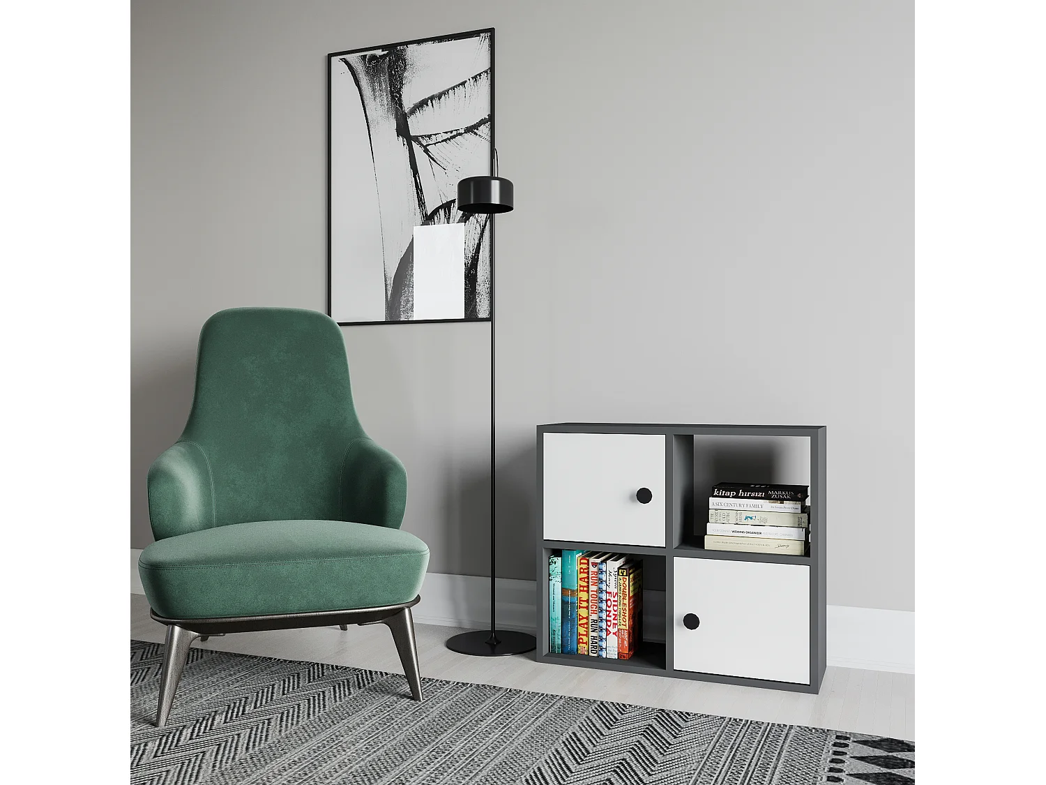 Bibliothèque Tuttle minimaliste avec deux étageres et deux armoires 63 cm H  (Anthracite et blanc)