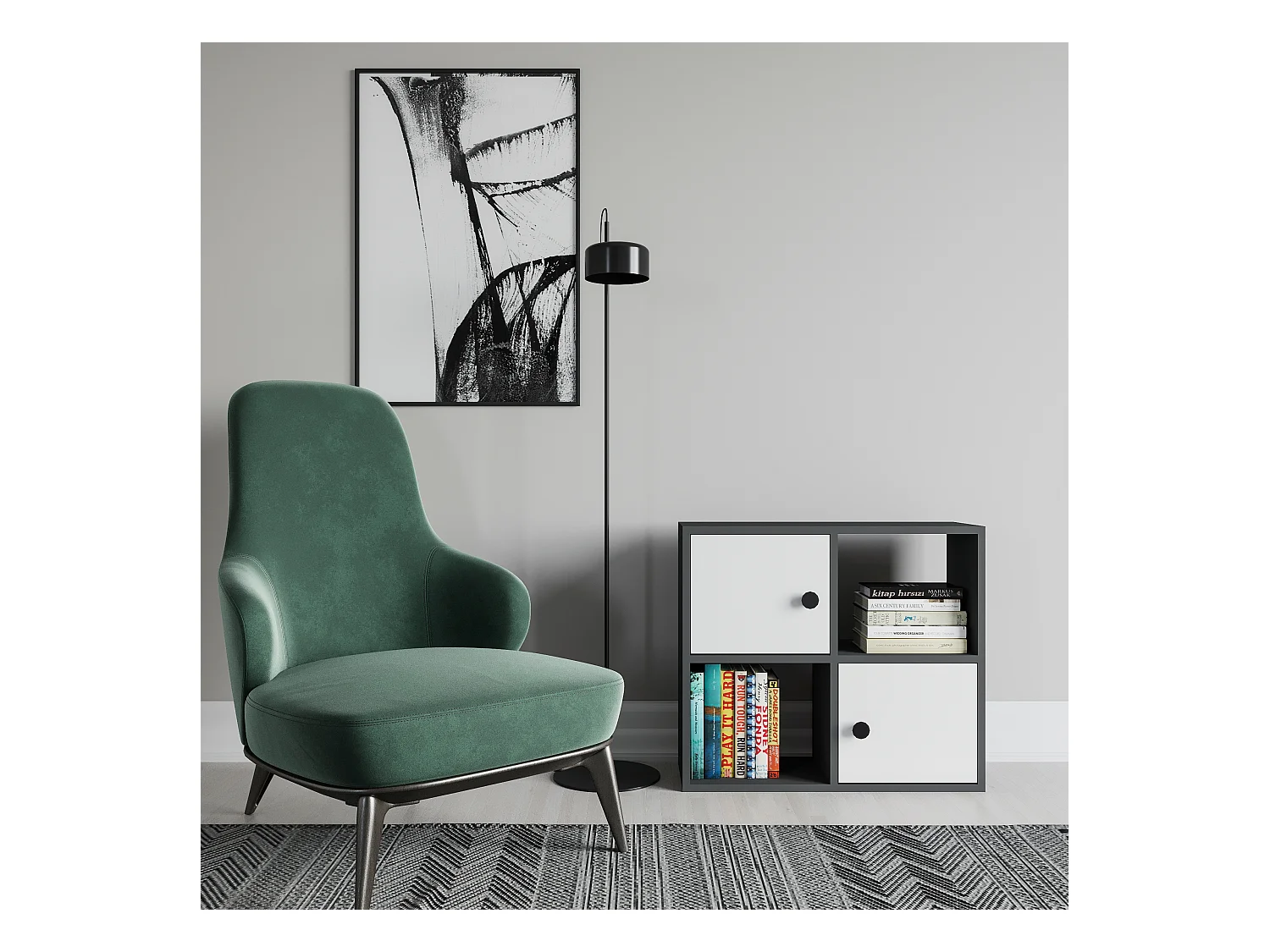 Bibliothèque Tuttle minimaliste avec deux étageres et deux armoires 63 cm H  (Anthracite et blanc)