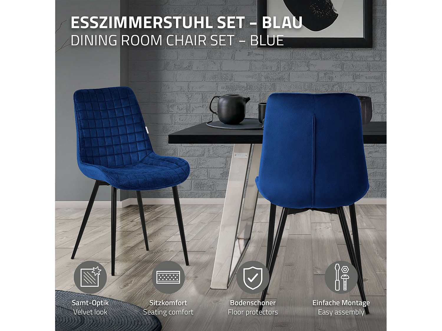 ML-Design 6x Sillas de comedor azul escuro tapizado aspecto terciopelo con resplado y patas metal sillón moderno acolchado para hogar oficina