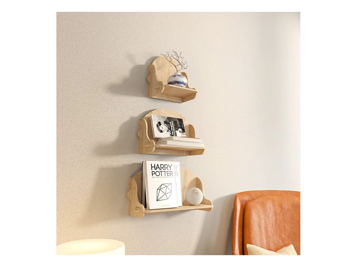 Set des étagères murales 3 pièces Silya MDF, fait à main, sans vis