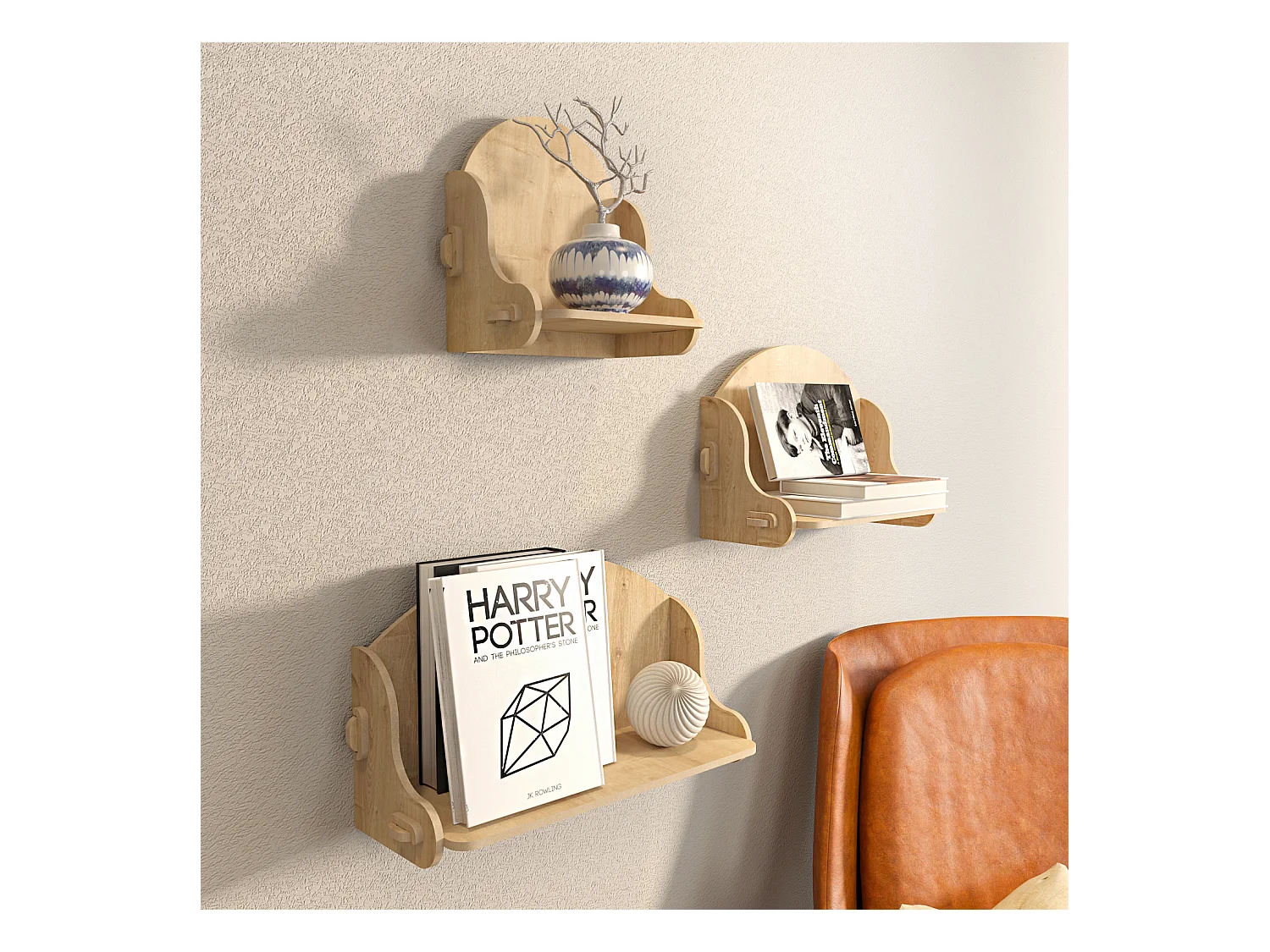Set des étagères murales 3 pièces Silya MDF, fait à main, sans vis