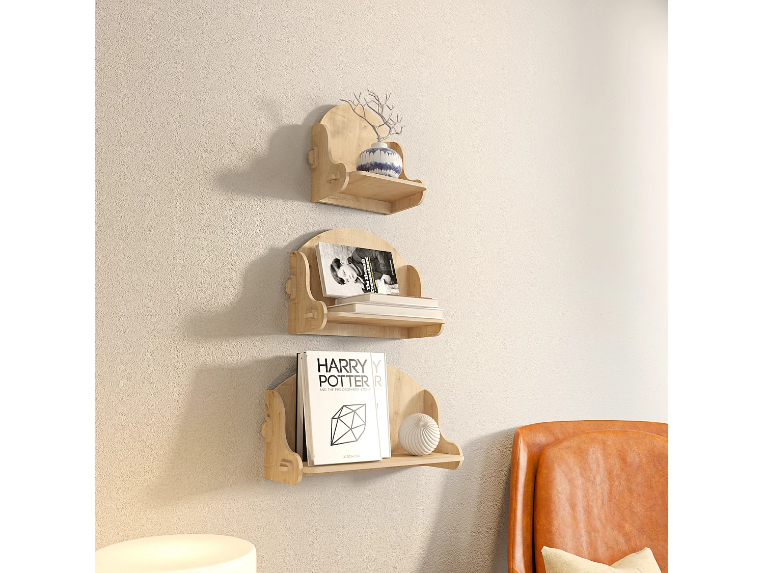 Set des étagères murales 3 pièces Silya MDF, fait à main, sans vis