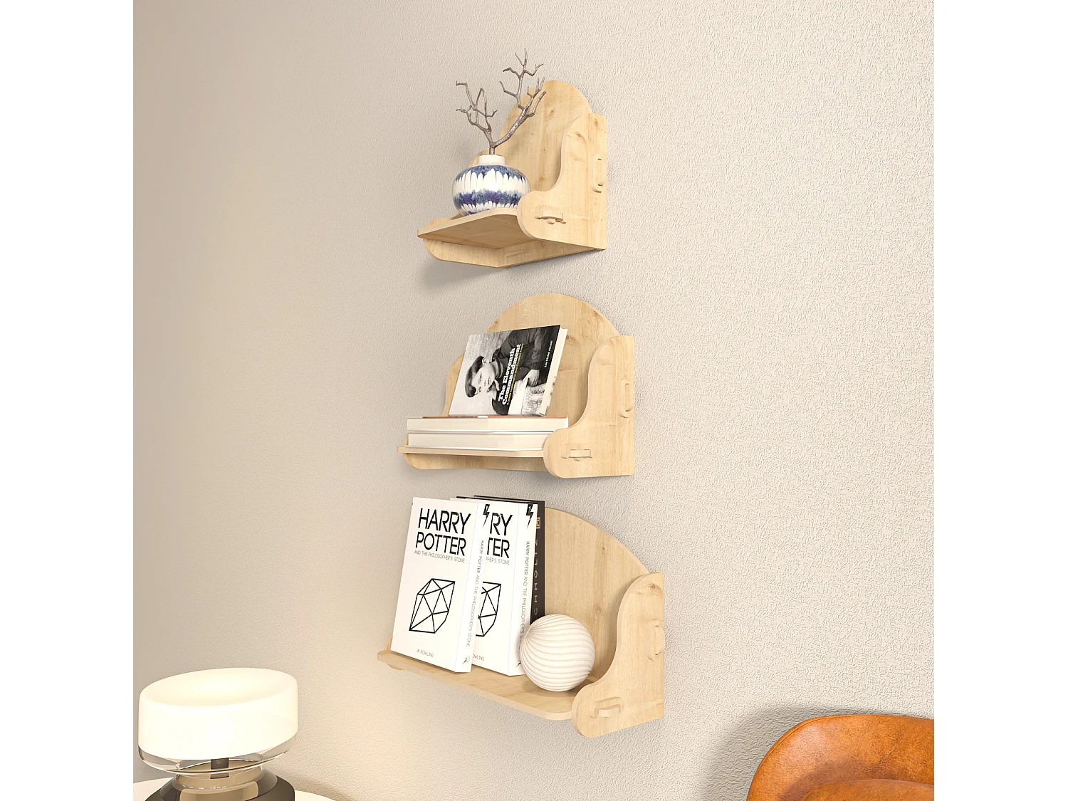 Set des étagères murales 3 pièces Silya MDF, fait à main, sans vis
