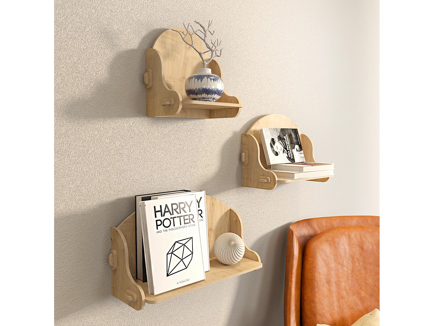 Set des étagères murales 3 pièces Silya MDF, fait à main, sans vis