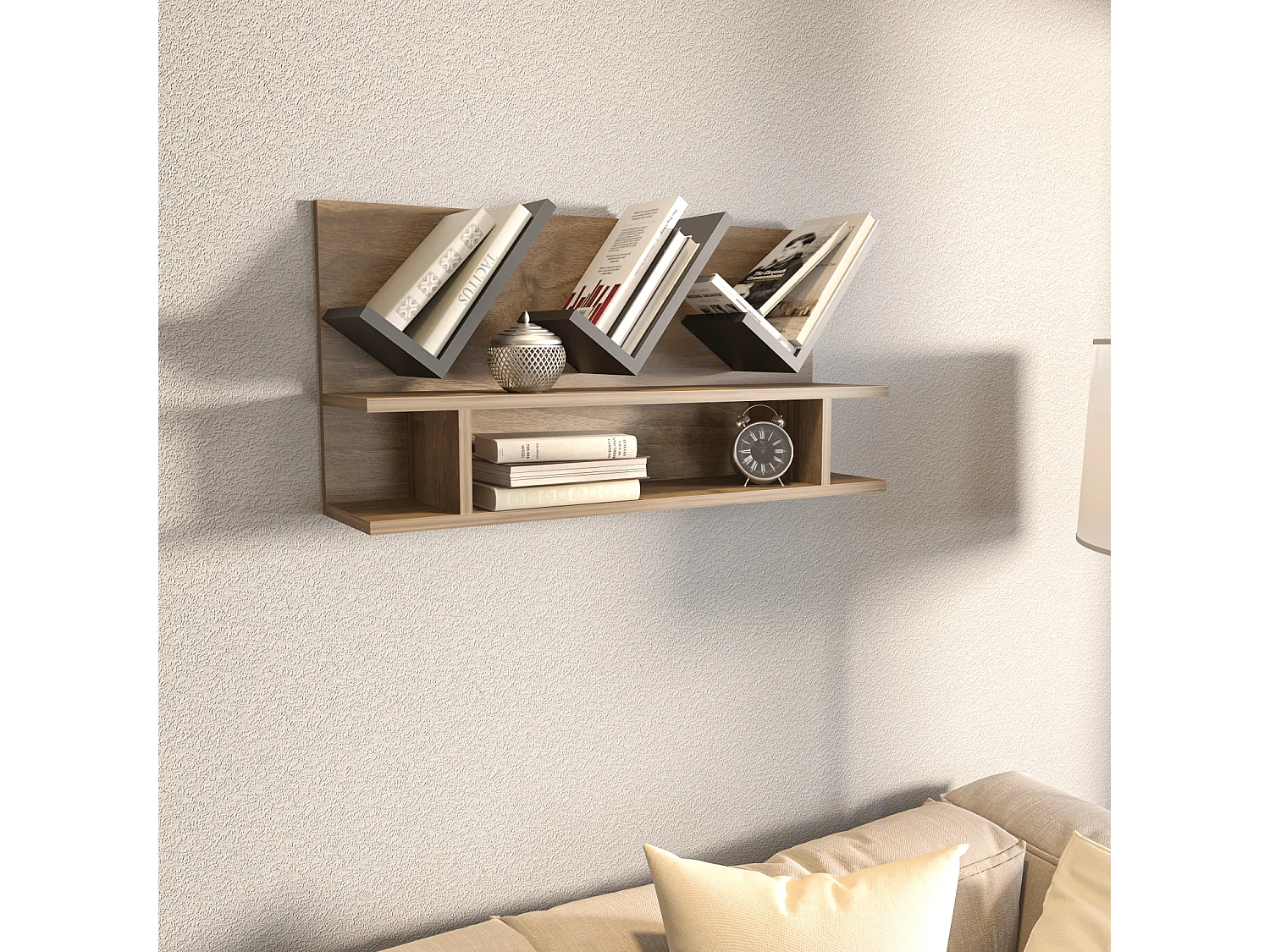 Etagère murale Larissa 90 cm design géometrique (Noyer et Anthracite)