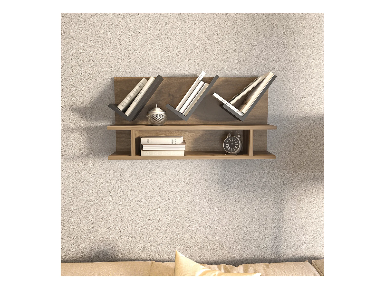 Etagère murale Larissa 90 cm design géometrique (Noyer et Anthracite)
