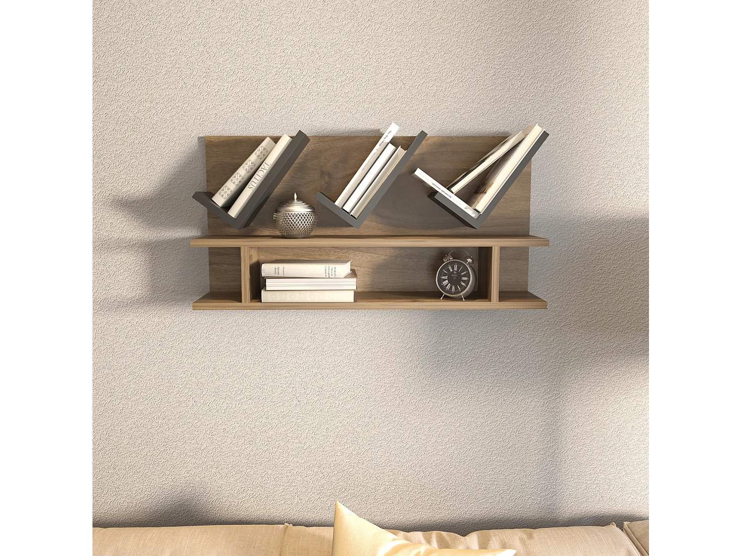 Etagère murale Larissa 90 cm design géometrique (Noyer et Anthracite)