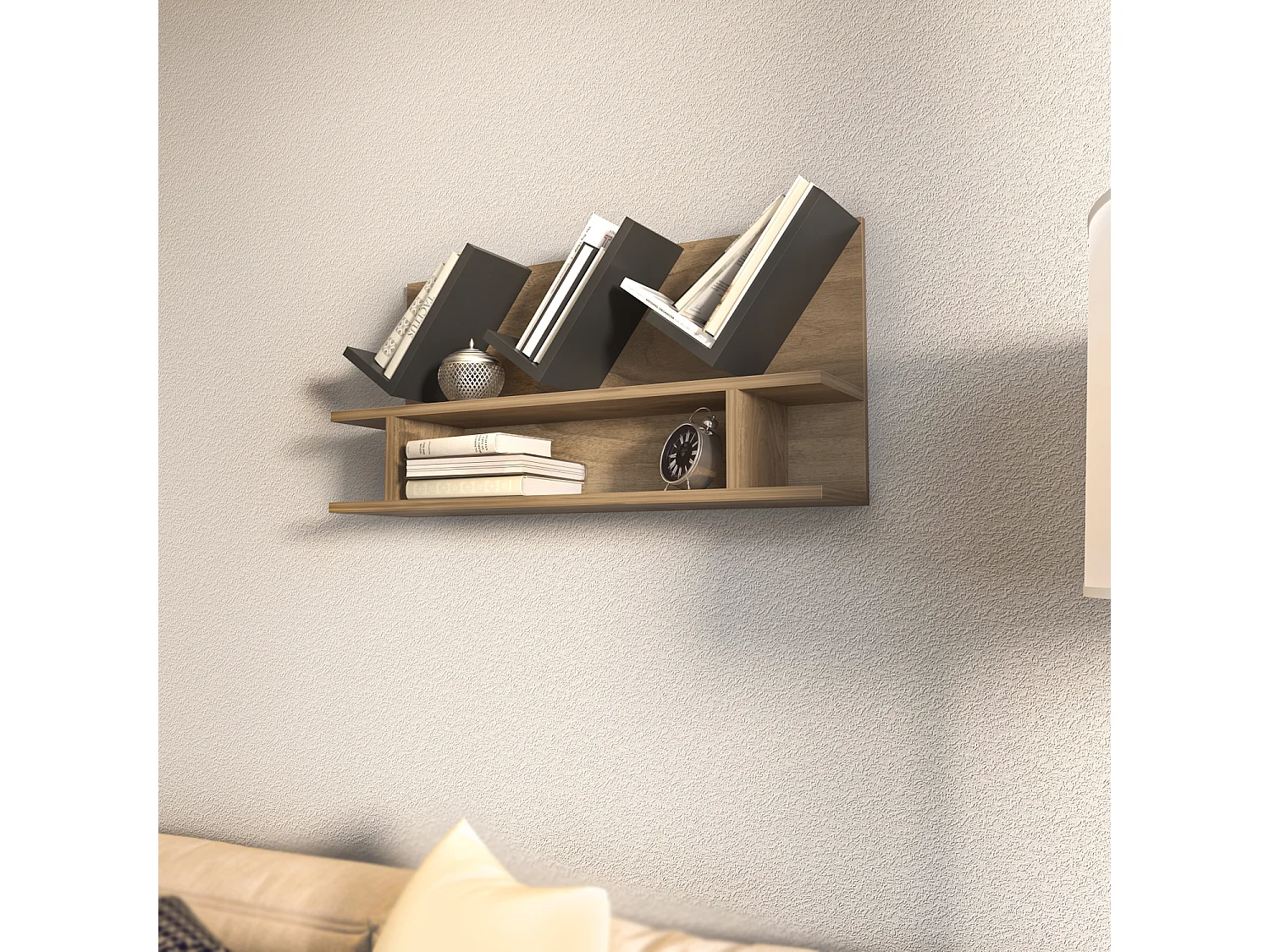 Etagère murale Larissa 90 cm design géometrique (Noyer et Anthracite)