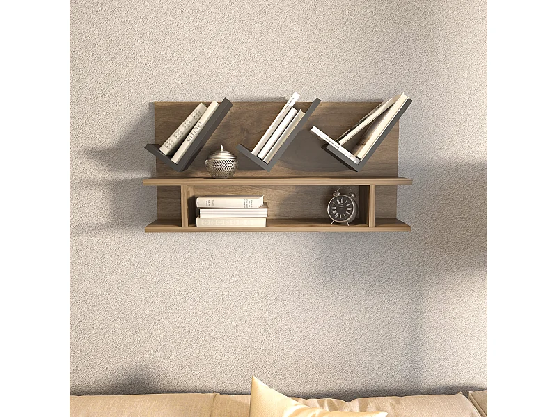 Etagère murale Larissa 90 cm design géometrique (Noyer et Anthracite)