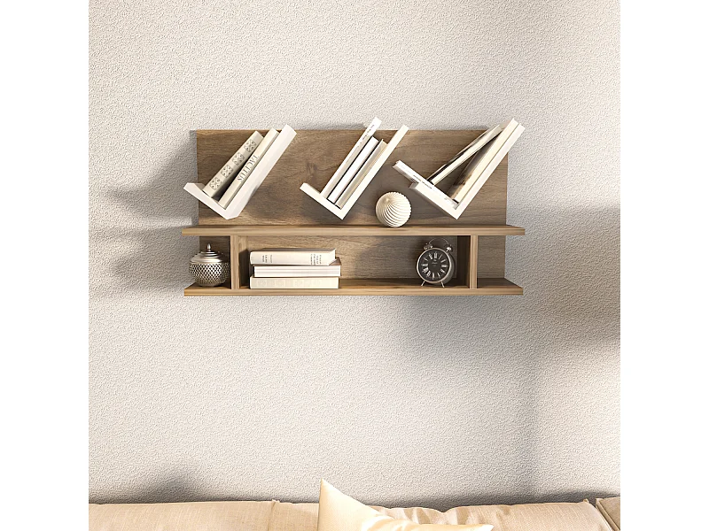 Etagère murale Larissa 90 cm design géometrique (Noyer et Blanc)