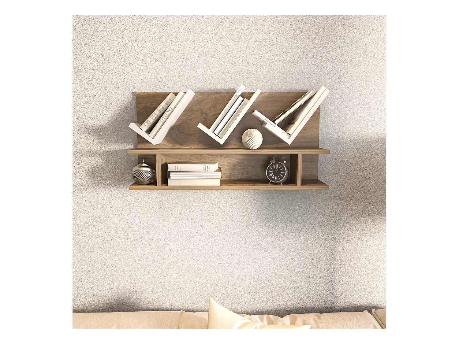 Etagère murale Larissa 90 cm design géometrique (Noyer et Blanc)
