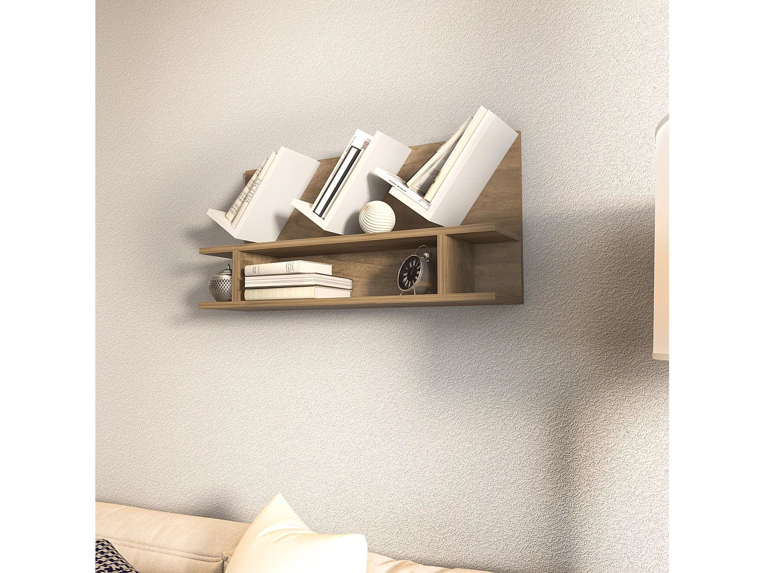 Etagère murale Larissa 90 cm design géometrique (Noyer et Blanc)