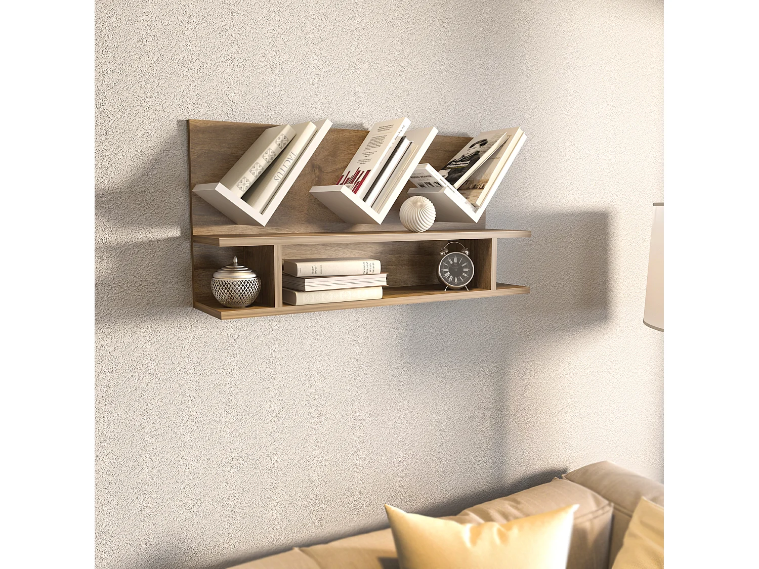 Etagère murale Larissa 90 cm design géometrique (Noyer et Blanc)