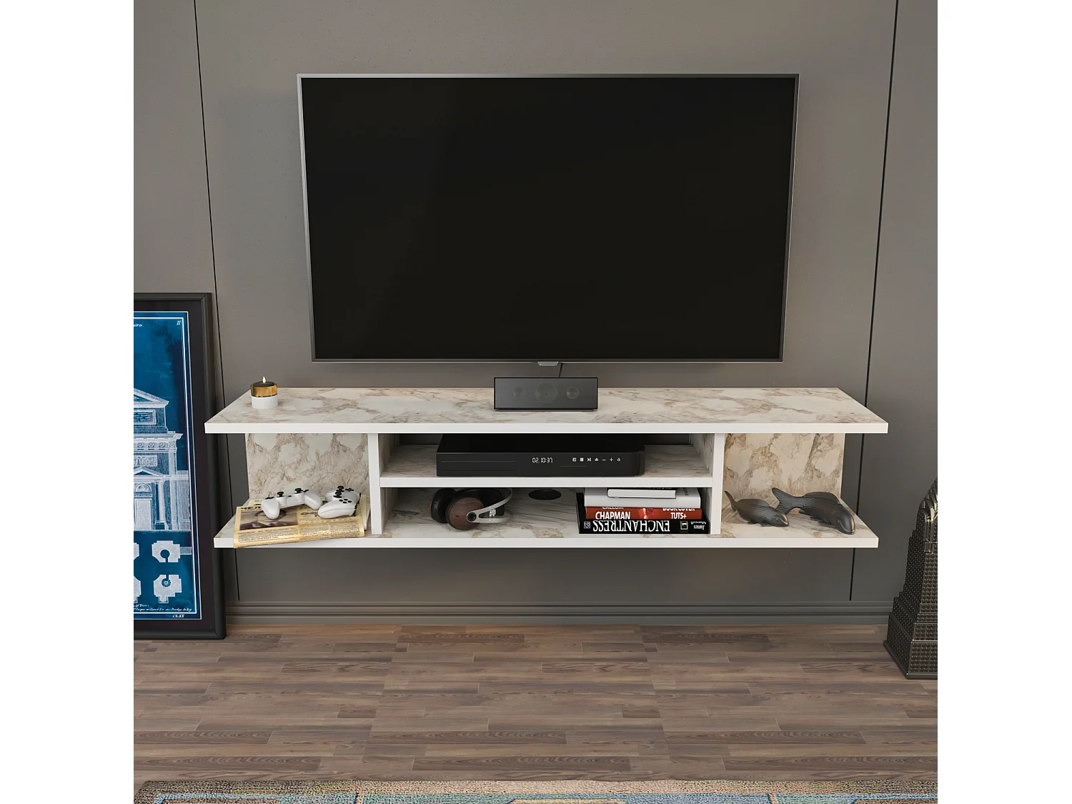 Meuble TV mural de 120 cm Pivot (Effet marbre blanc)