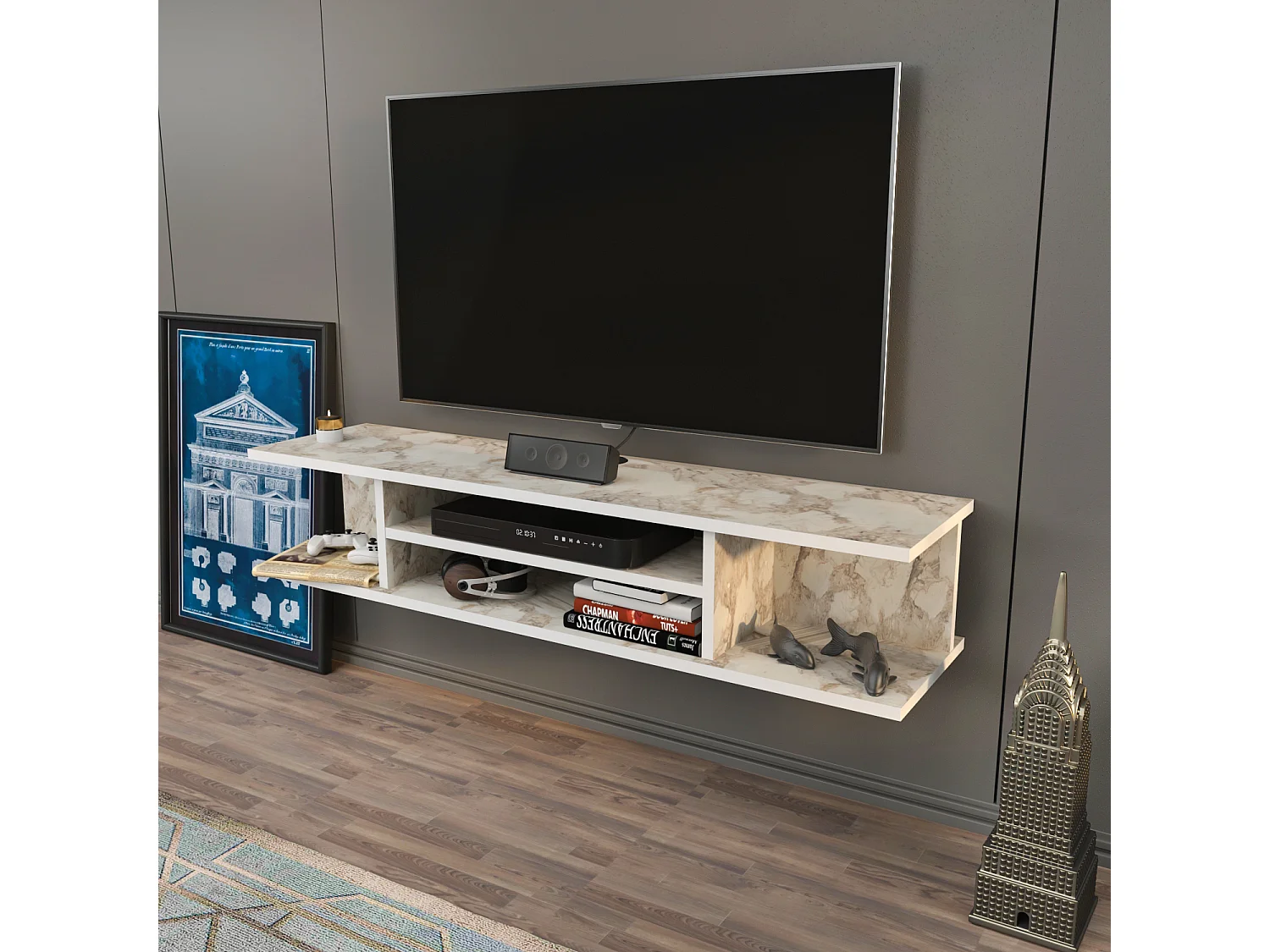 Meuble TV mural de 120 cm Pivot (Effet marbre blanc)