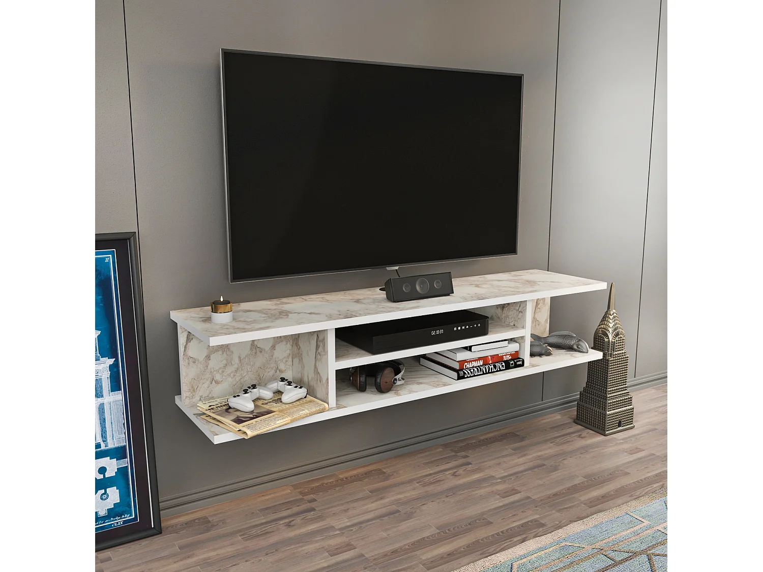 Meuble TV mural de 120 cm Pivot (Effet marbre blanc)