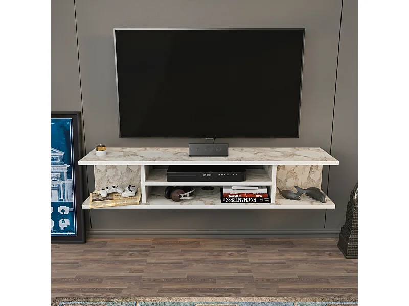 Meuble TV mural de 120 cm Pivot (Effet marbre blanc)