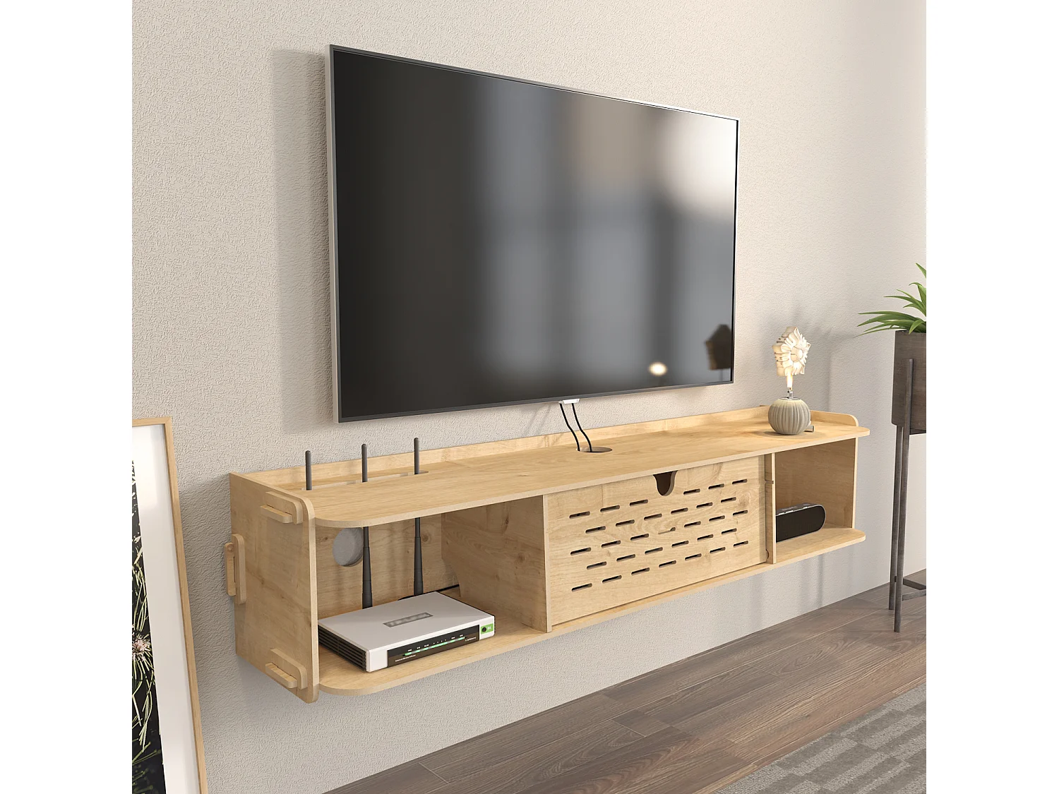 Meuble TV flottant Sima 116 cm avec placards et étagères