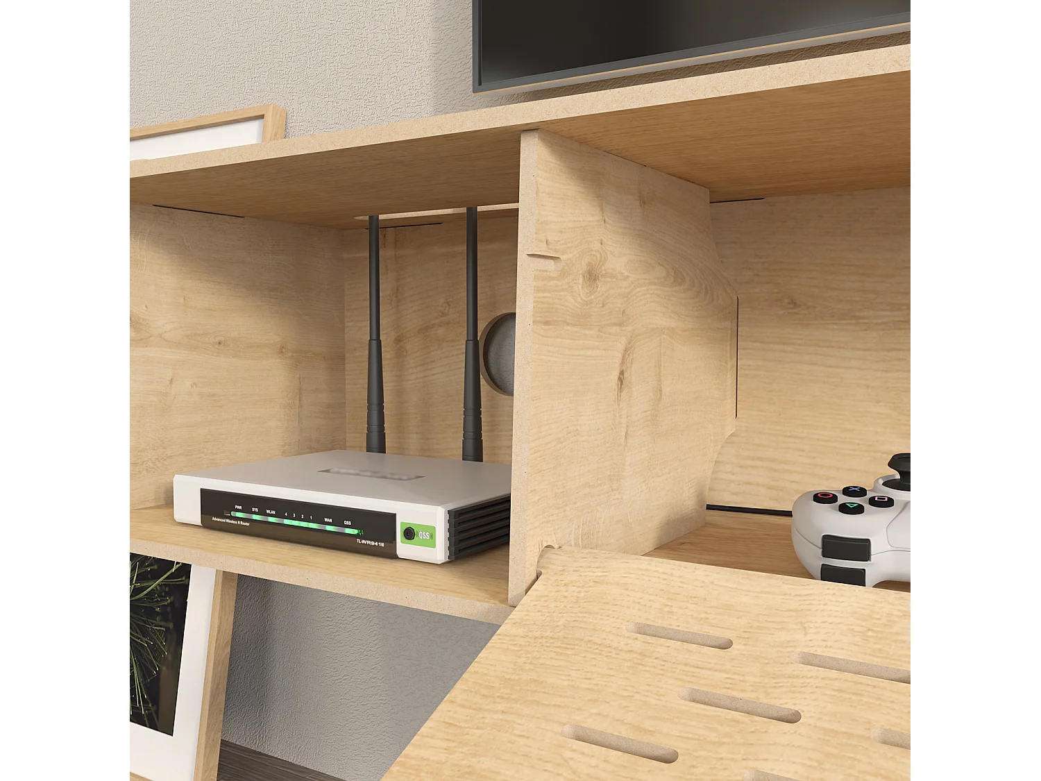 Meuble TV flottant Sima 116 cm avec placards et étagères