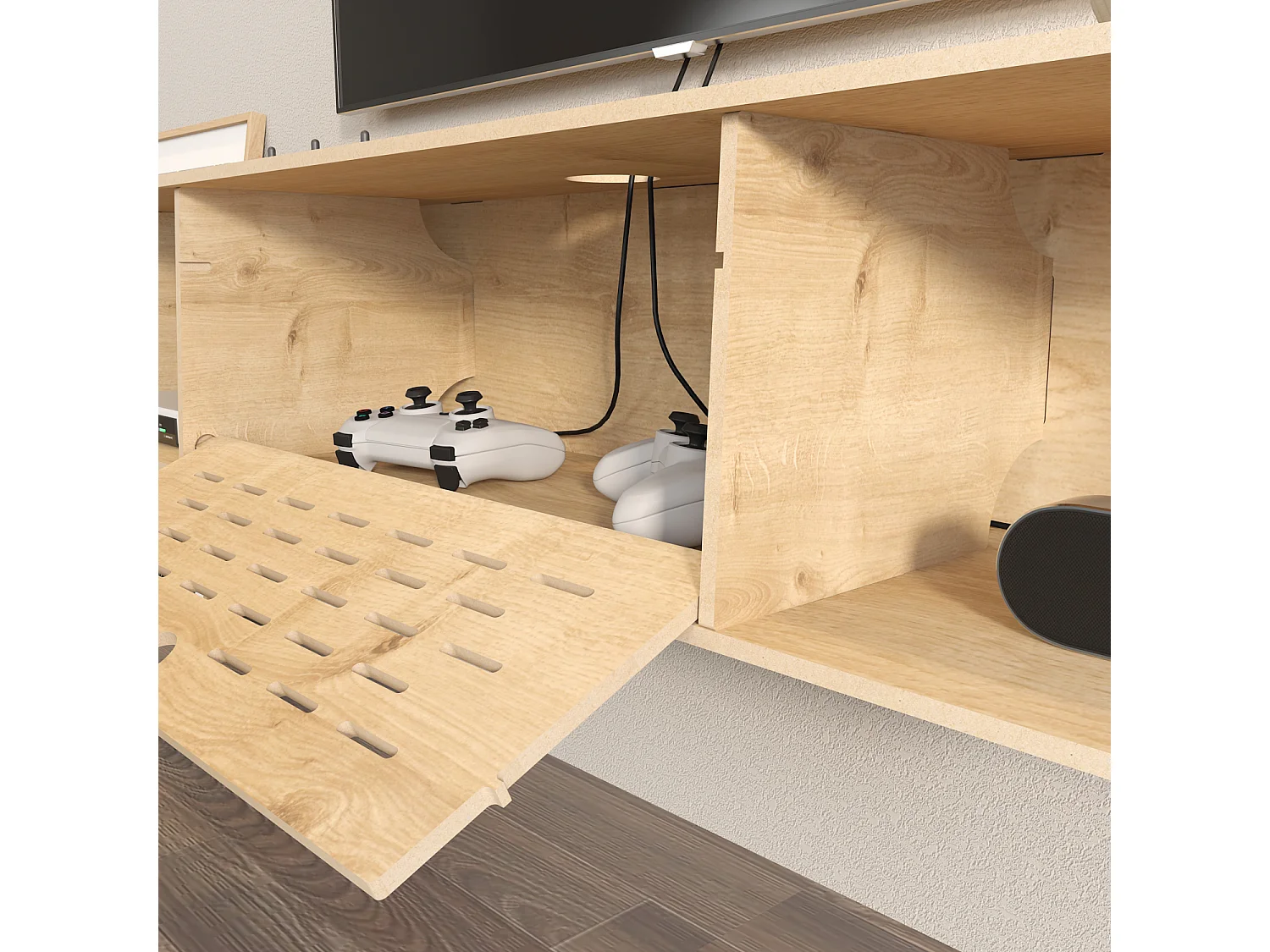 Meuble TV flottant Sima 116 cm avec placards et étagères