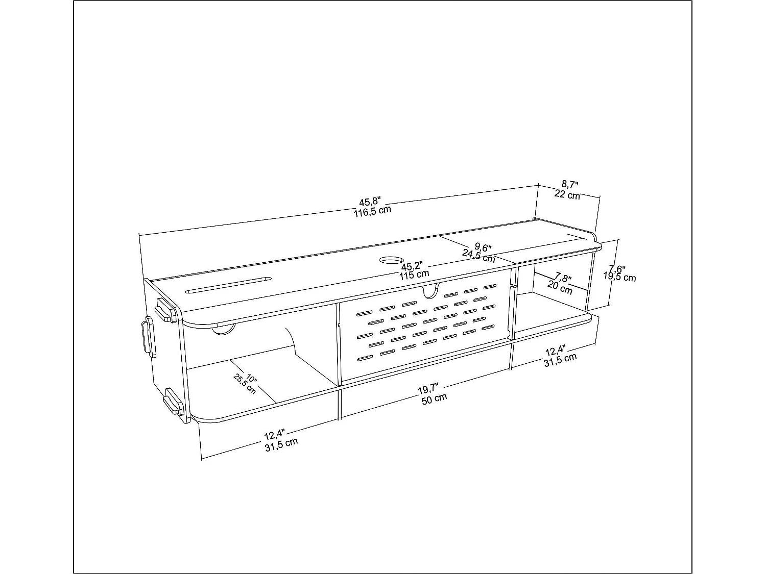Meuble TV flottant Sima 116 cm avec placards et étagères