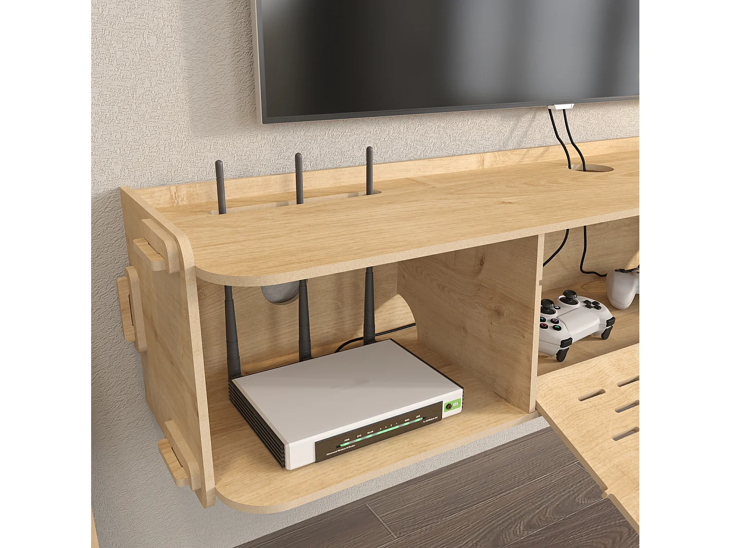 Meuble TV flottant Sima 116 cm avec placards et étagères