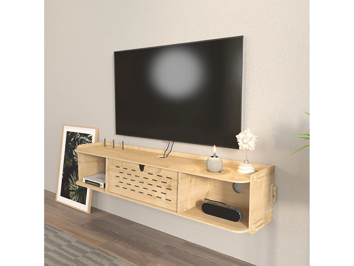 Meuble TV flottant Sima 116 cm avec placards et étagères