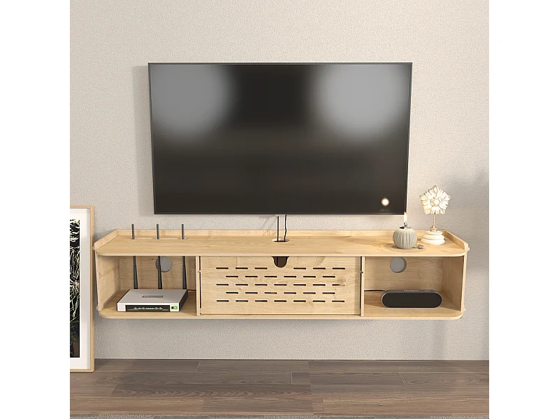 Meuble TV flottant Sima 116 cm avec placards et étagères