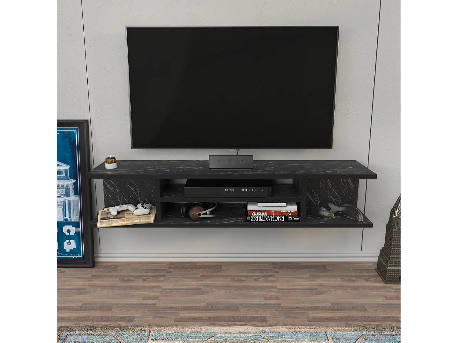 Meuble TV mural de 120 cm Pivot (Effet marbre noir)