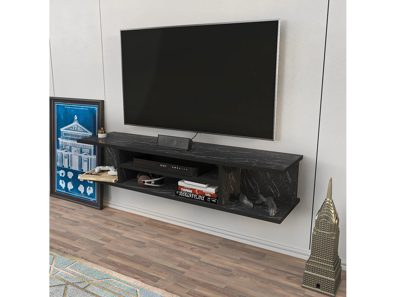 Meuble TV mural de 120 cm Pivot (Effet marbre noir)