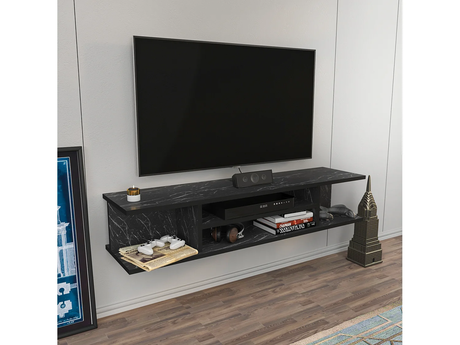 Meuble TV mural de 120 cm Pivot (Effet marbre noir)