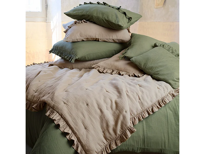 Couverture courtepointe en mousseline de coton 150x150 cm + 5 cm ELZA vert mousse