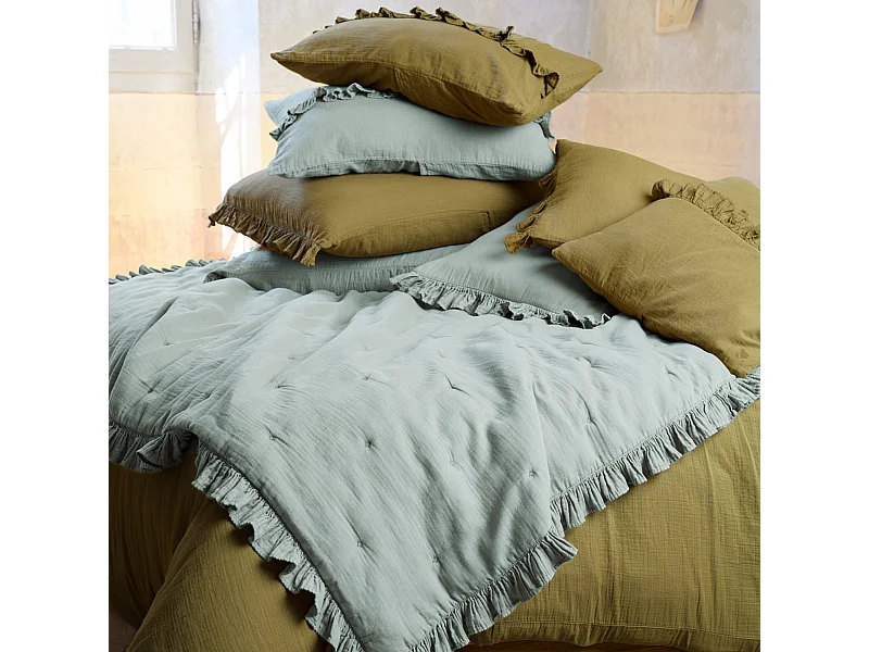 Couverture courtepointe en mousseline de coton 150x150 cm + 5 cm ELZA gris lichen