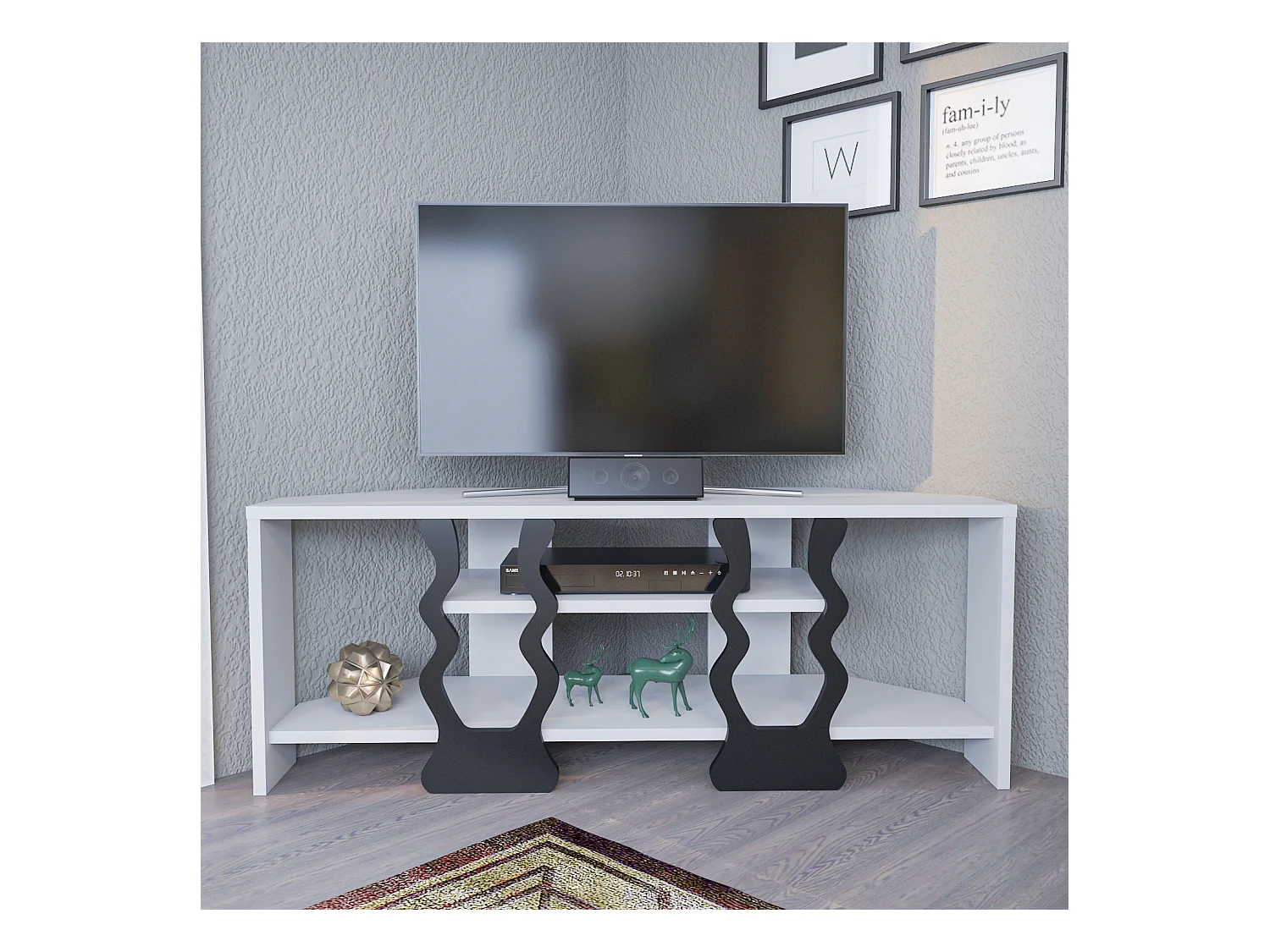 Meuble TV d'angle Firal 110 cm avec niches, decoratif, modern  (Blanc et Noir)