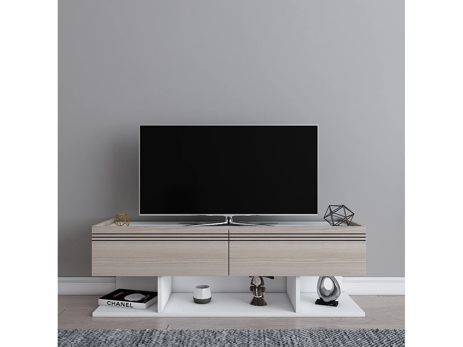Meuble TV Kase de 120 cm - Armoires abattants (Blanc et Cordoba)