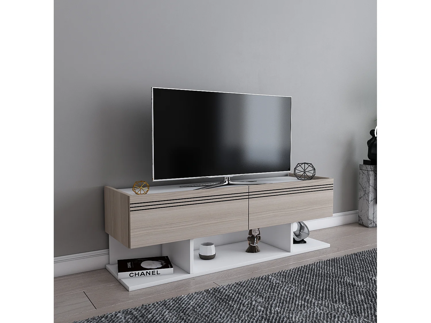 Meuble TV Kase de 120 cm - Armoires abattants (Blanc et Cordoba)