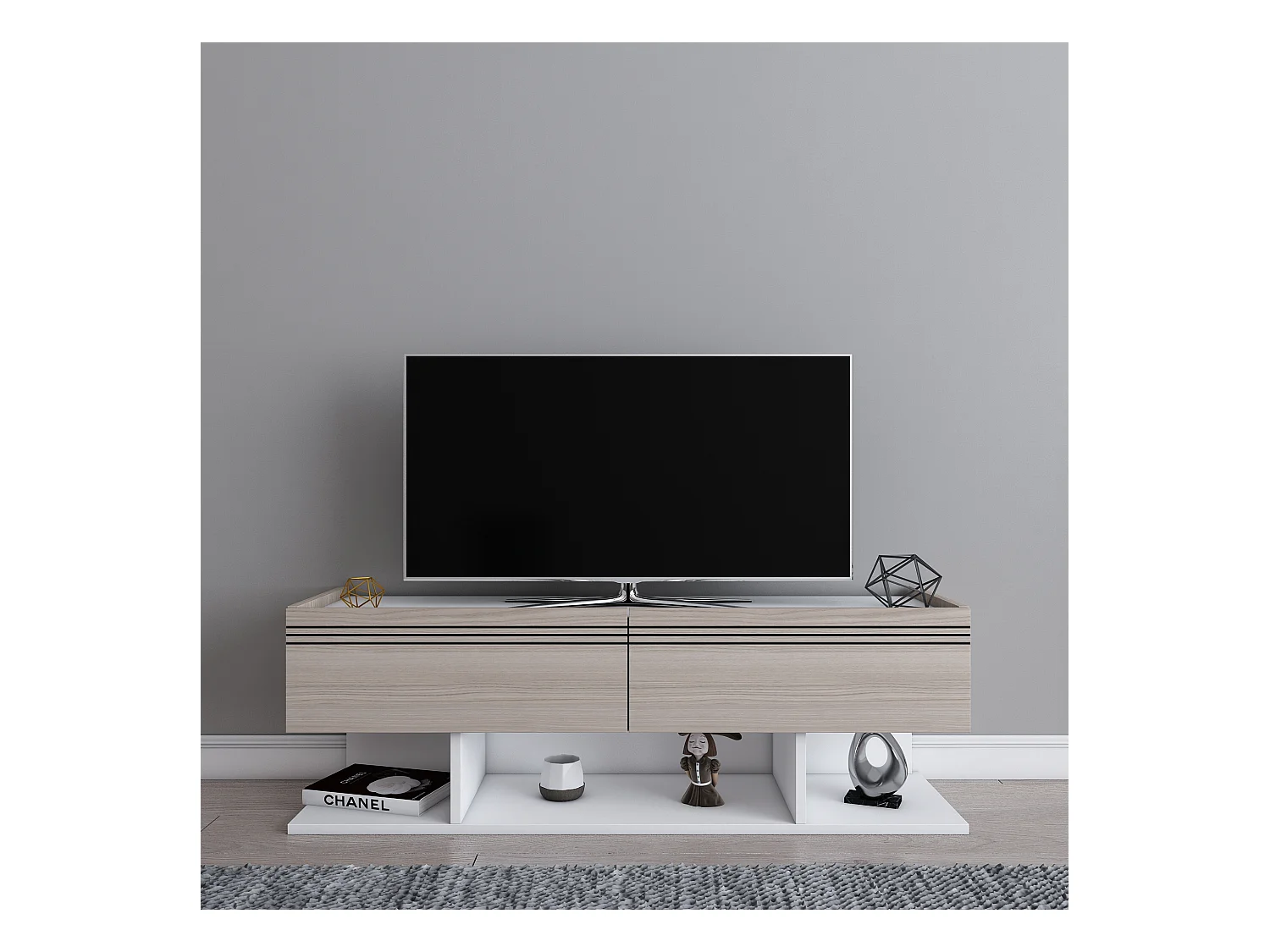 Meuble TV Kase de 120 cm - Armoires abattants (Blanc et Cordoba)