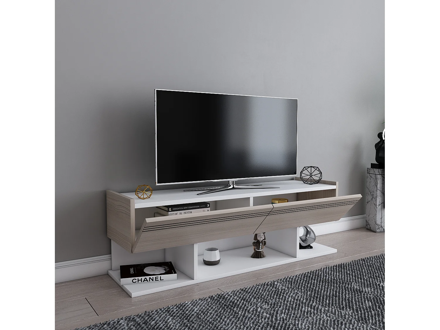 Meuble TV Kase de 120 cm - Armoires abattants (Blanc et Cordoba)
